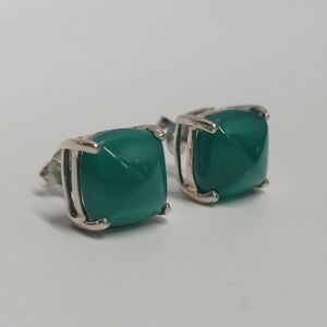 D'joy 925 Sterling Silver Green Onyx Sugarloaf Square Cabochon Stud Earrings